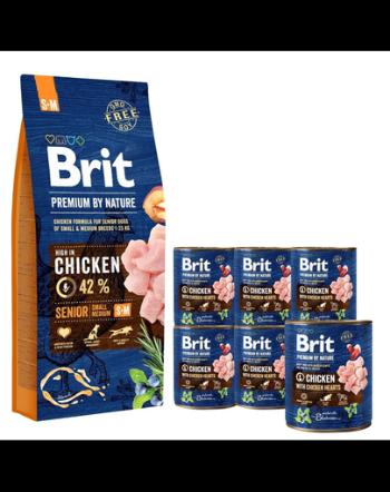 BRIT Premium By Nature Hrana uscata pentru cainii adulti de talie mica S+M 15 kg + 6 x 800 g hrana umeda BRIT