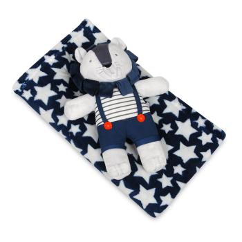 Pătură de copii, albastru, cu steluțe, cu jucărie din pluș leu, 75 x 100 cm