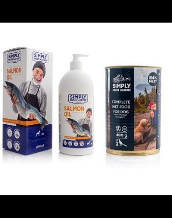 SIMPLY FROM NATURE Ulei de somon pentru animale de companie 1 L + hrana umeda pentru caini, cu fazan si morcovi 400 g GRATIS