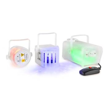 Ibiza CLEAR-PACK, set de efecte de iluminare, FIREFLY LASER, Derby LED, aparat de ceață, 400W