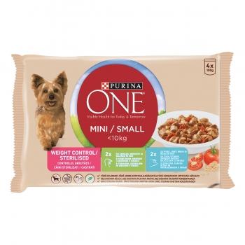 PURINA One Mini Controlul Greutății, 2 arome, mulipack plic hrană umedă câini, (în sos), 100g x 4