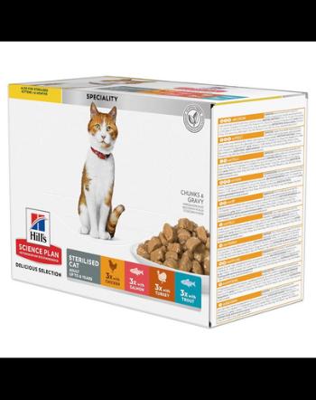 HILL'S Science Plan Feline Young Adult Sterilised Cat Multipack Set plicuri pisici tinere, sterilizate, cu pui, cu pastrav, cu ton, cu somon 12x85 g