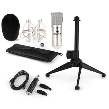 Auna CM001S, set de microfon V1, microfon condensator, adaptor USB, suport de microfon, culoarea argintie