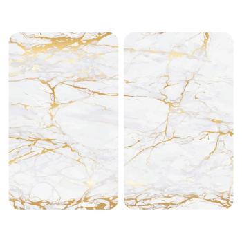 Set 2 protecții din sticlă pentru aragaz Wenko Marble, 52 x 30 cm , alb - auriu