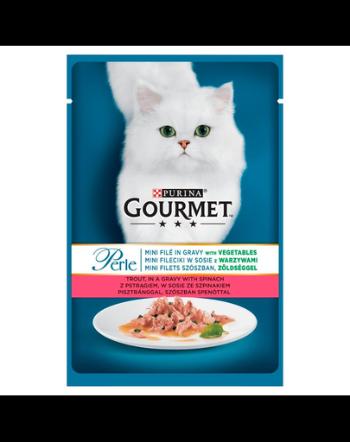 GOURMET Perle hrana umeda pentru pisici, cu pastrav si spanac in sos 24x85g