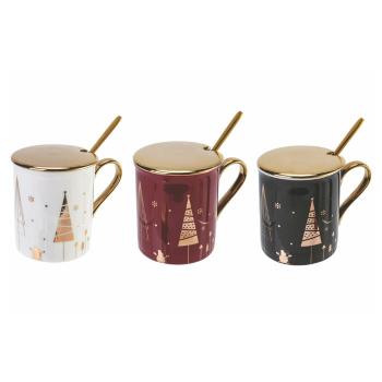 Set 3 căni din porțelan cu linguriță Villa d'Este Xmas, 300 ml