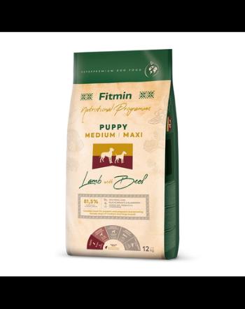 FITMIN Dog Nutritional Programme Medium Maxi Puppy Lamb&amp;Beef 12 kg Sac hrana catei talie medie si mare, cu miel si vita