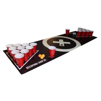 BeerCup Baseliner, covoraș cu suprafață de joc beer pong, audio, suporturi, suport pentru biluțe, 6 biluțe