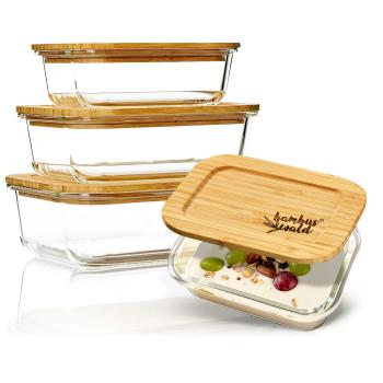 Klarstein Set recipiente pătrate pentru depozitarea alimentelor, sticlă, capac din bambus, 4 bucăți, diferite dimensiuni