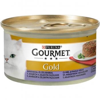 PURINA Gourmet Gold Savoury Cake, Miel cu Fasole verde, conservă hrană umedă pisici, (bucăți de carne), 85g