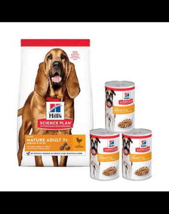 HILL'S Science Plan 7+ Dog Mature Light Medium Chicken 14 kg hrana caini maturi + 3 conserve GRATIS