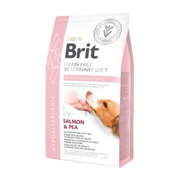 BRIT GF Veterinary Diet Hypoallergenic, Somon cu Mazăre, dietă veterinară câini, hrană uscată fără cerele, afecțiuni digestive și dermatologice, 2kg