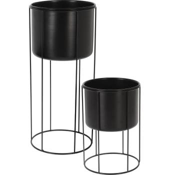 Set de recipiente de ghiveci în suport Tulipe 2 buc, negru