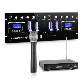 Resident DJ DJ405USB-BK, Mixer DJ cu 4 canale, care include un set de microfon fără fir VHF cu 1 canal