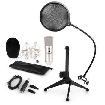 Auna CM001S, set de microfon V2, microfon condensator, adaptor USB, suport de microfon, culoarea argintie