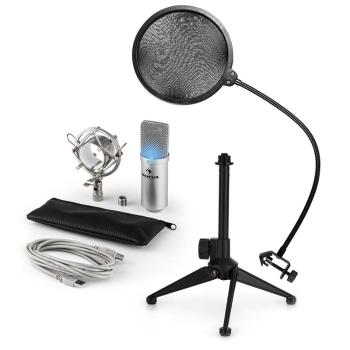 Auna MIC-900S-LED V2, set de microfon usb, microfon condensator argintiu + filtru pop + suport de masă