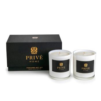 Set de 2 lumânări parfumate albe Privé Home Tobacco&Leather/Oud&Bergamote