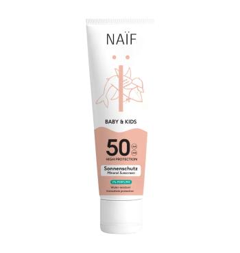 NAÏF Cremă de protecție solară pentru copii și bebeluși fără parfum SPF 50 Baby & Kids (Mineral Sunscreen 0% Parfume) 100 ml