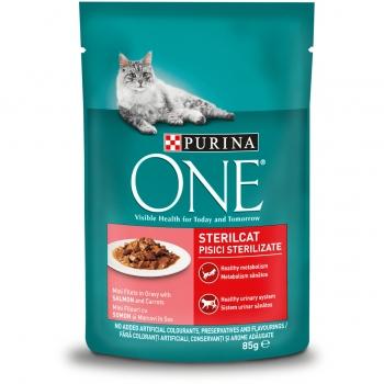 PURINA One Sterilcat, Somon cu Morcov, plic hrană umedă pisici sterilizate, (în sos), 85g