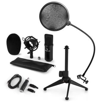 Auna CM001B, set de microfon V2, microfon condensator, adaptor USB, suport de microfon, culoarea neagră