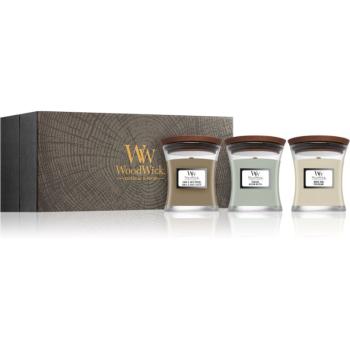 Woodwick Fireside + White Teak + Sand & Driftwood set cadou 3x85 g