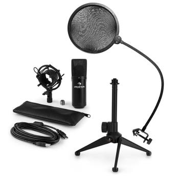 Auna MIC-900B V2, set de microfon usb, microfon condensator negru + filtru pop + suport de masă