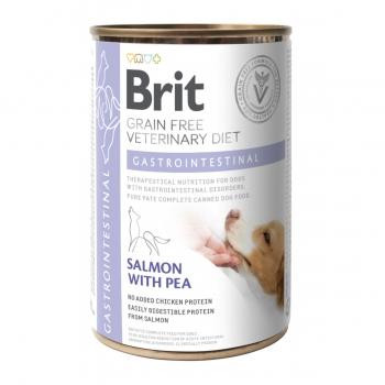 BRIT GF Veterinary Diet Gastrointestinal, Somon cu Mazăre, dietă veterinară câini, conservă hrană umedă fără cereale, afecțiuni digestive, 400g