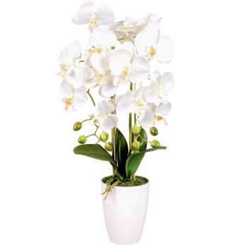 Orhidee artificială în ghiveci, alb, 14 flori, 60 cm