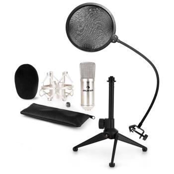 Auna CM001S, set de microfon V2, microfon condensator, suport de microfon, filtru pop, culoare argintie