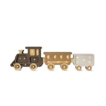 Veioză maro-alb din lemn de pin Little Lights Train, lungime 58 cm