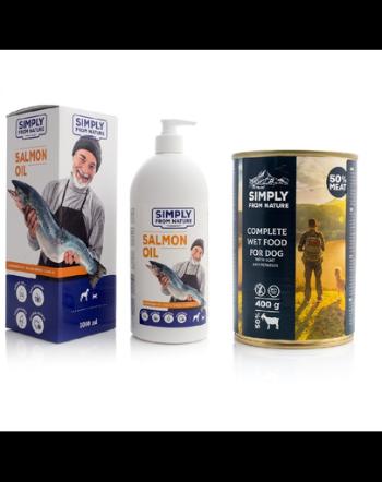 SIMPLY FROM NATURE Ulei de somon pentru animale de companie 1 L + hrana umeda pentru caini, carne de capra si cartofi 400 g GRATIS