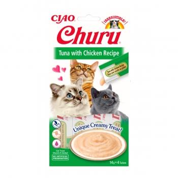 INABA CIAO Churu Piure, Ton și Pui, recompense lichide fara cereale Pisici, topping cremos, 14g x 4