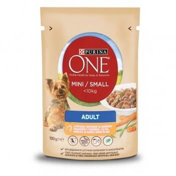 PURINA One Mini Adult, Pui cu Morcov, plic hrană umedă câini, (în sos), 100g