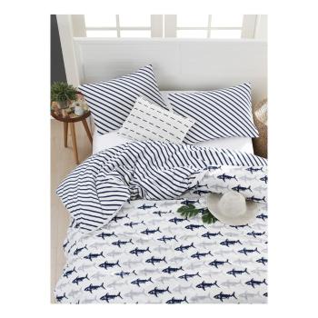 Lenjerie de pat din bumbac ranforce pentru pat de 1 persoană Mijolnir Shark Dark Blue & White, 140 x 200 cm
