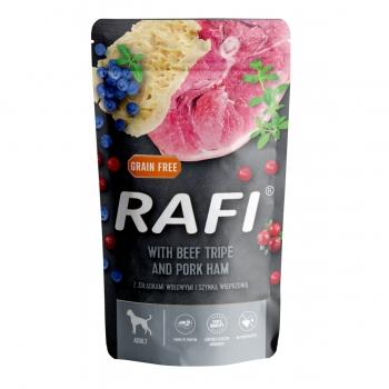 RAFI by Dolina Noteci, Șuncă de Porc și Fâșii de Vită, plic hrană umedă câini, (în aspic), 500g