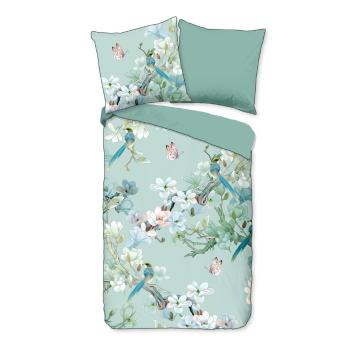 Lenjerie de pat din bumbac organic pentru pat dublu Descanso Flowery, 200 x 200 cm, verde