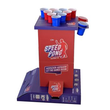 BeerCup Bounce, coloană de joc speedpong, carton compact, 6 pahare albastre și roșii, inclusiv 2 mingiuțe