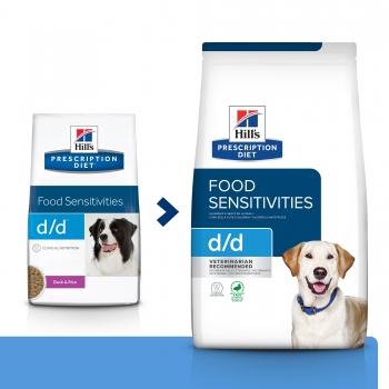 HILL'S Prescription Diet d/d Food Sensitivities, Rață cu Orez, dietă veterinară câini, hrană uscată, piele si blana, sistem digestiv, 12kg