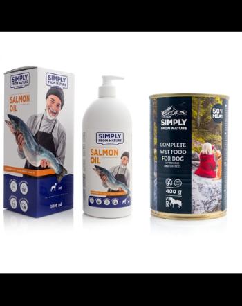 SIMPLY FROM NATURE Ulei de somon pentru animale de companie 1 L + hrana umeda pentru caini, carne de cal si cartofi 400 g GRATIS