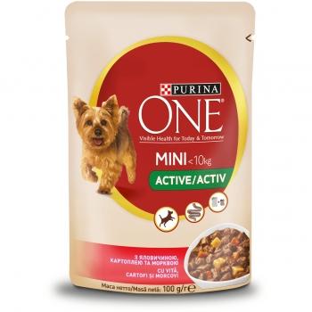 PURINA One Mini Active, Vită cu Cartofi, plic hrană umedă câini, activitate intensă, (în sos), 100g