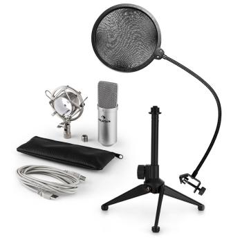 Auna MIC-900S V2, set de microfon usb, microfon condensator argintiu + filtru pop + suport de masă