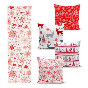 Set 4 fețe de pernă și un napron de masă cu model de Crăciun Minimalist Cushion Covers Red Snowflake