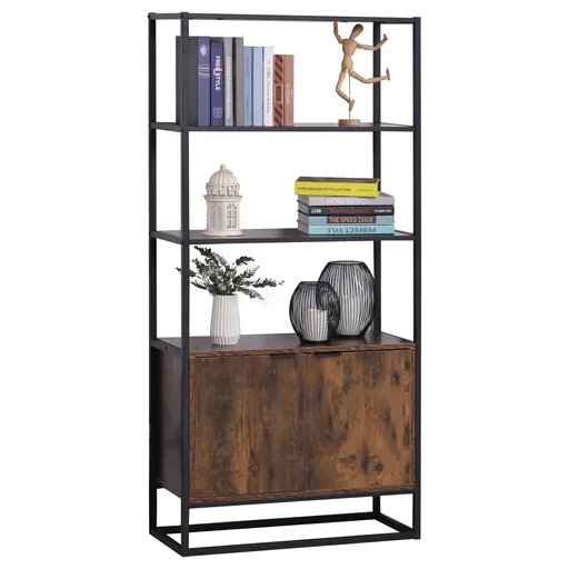 HOMCOM Biblioteca cu 3 Rafturi, Design Inaltat, din Lemn, Cadru din Metal, Negru si Maro 76x33x162.5cm | Aosom Romania