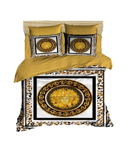 Lenjerie de pat dubla King (FR), 3 piese, L'essentiel Maison, 3D3, Negru / Auriu / Alb