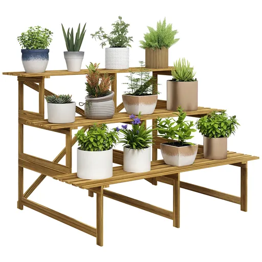 Suport de plante Outsunny cu 3 etaje, pliabil, înalt de 78 cm, stand de flori pentru interior și exterior, raft de plante din lemn, suport de flori cu