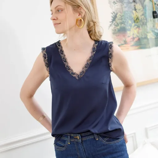 Top vaporos cu dantelă, poliester reciclat