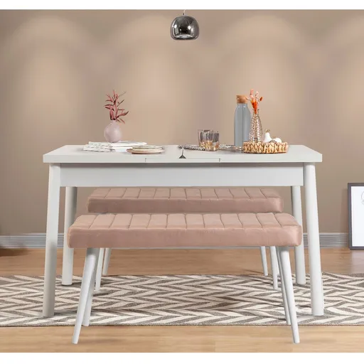 Set masa extensibila si banchete, Hanah Home, Santiago 0900, Alb / Piatra