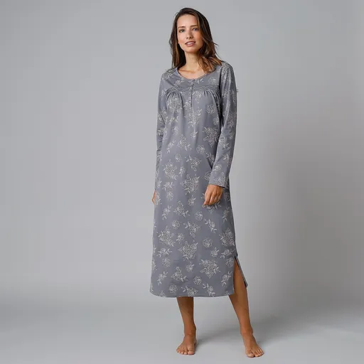 Cămașă de noapte lungă cu mâneci lungi și imprimeu cu trandafiri