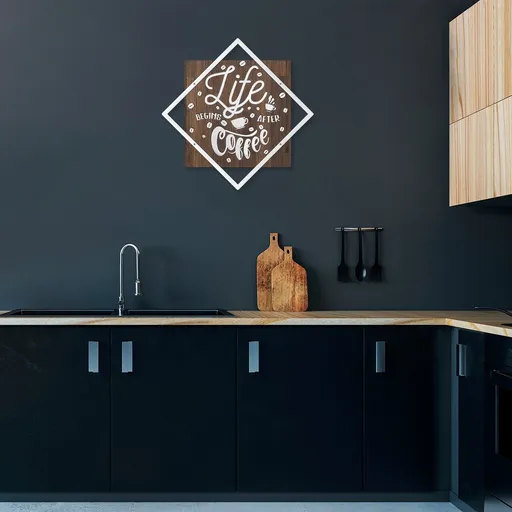 Decoratiune de perete, Life Begins After Coffee, Dimensiune: 54 x 54 cm, Nuc / Argint