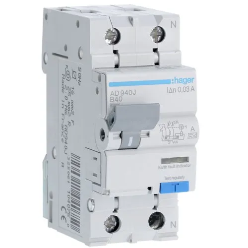 Disjunctor diferential RCBO P+N 40A/30mA, B, 6kA, tip A Hager AD940J